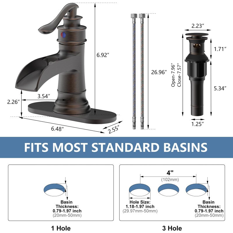 Homevacious Waterfall Bathroom Faucet Oil Rubbed Bronze Sink with Pop Up Drain Stopper Faucets Single Hole Rustic Vanity Farmhouse Overflow One Handle Bath Black Commercial Assembly by Homevacious - Image 2